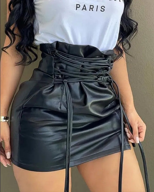Lace-up High Waist PU Leather Mini Skirt Nightclub Sexy Personality Europe and America Fashion Women&#39;s Clothing 2022